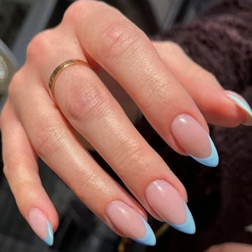 French Tip False Nails Medium Oval - 24PCS Baby Blue-edge Nude Based Almond Press on Nails - Light Blue Almond Short Fake Nails with Glue - Glossy Full Cover Reusable Stick on Nail for Women Nail Art