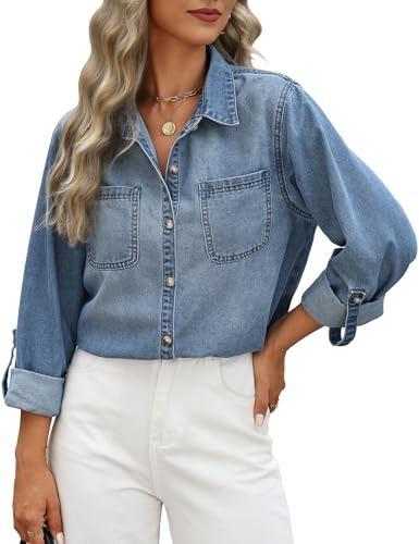 CMTOP Camicia Donna Camicetta Manica Lunga Loose Camicia Jeans Elegante Bottoni Scollo a V Tunica Blusa Basic Jacket Maglietta Primavera Autunno Giacca Shirt Top (Blu Intenso, L)