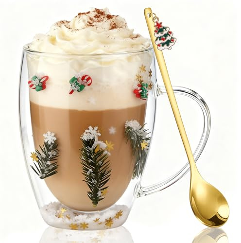 Weihnachtsglastasse, Weihnachtskaffeetasse, 350ML Doppelwandige Gläser Weihnachten Becher Kaffee Teegläser, Süße Kaffeetassen mit Löffel, Mikrowellengeeignet Spülmaschinenfest, Weihnachtsgeschenke