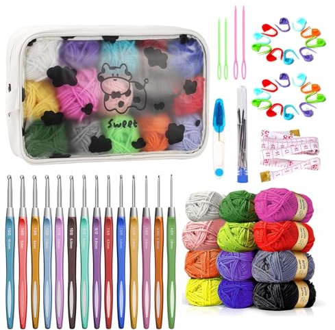 7CDXD Kit de Crochet pour Débutants - Comprend 12 Pelotes de Laine, 14 Crochets, 4 Aiguilles à Tisser, Accessoires et Sac - Idéal pour Cadeau (Kit Crochet Débutant Complet)
