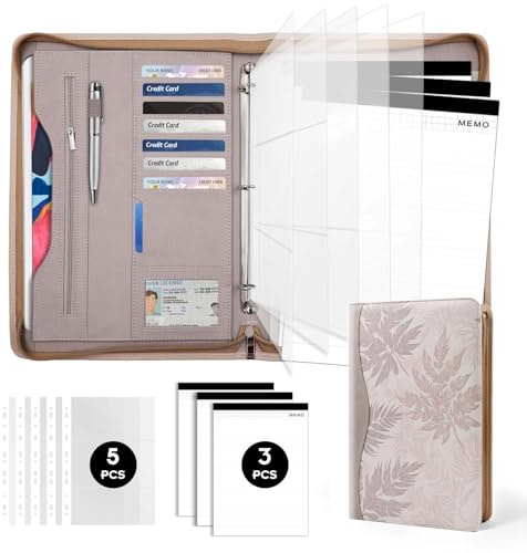 Sbrinnaliao Padfolio Portfolio Folder Binder-Organizer Planner Notebook Zippered Portfolio Padfolio for Women & Men with Document Sleeve,Letter/A4 Size Clipboard,Business Card Holders (Brown Leaf)