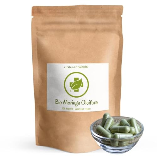 Bio Moringa hochdosiert - 100 Kapseln - 100% echtes Moringa Oleifera Blattpulver in Rohkost-Qualität - vegane Kapselhülle - ohne Zusatzstoffe