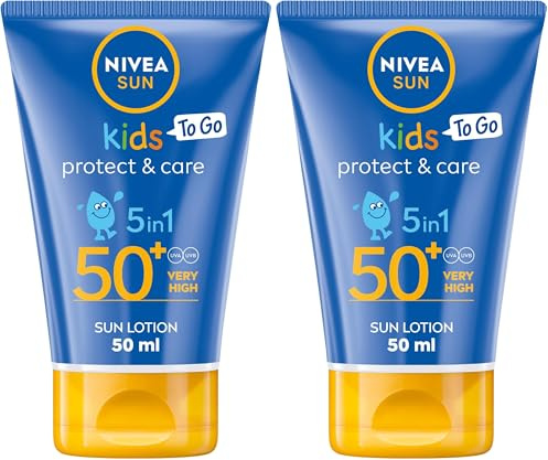 NIVEA Sun Kids Protect & Care To Go SPF 50+ Lotion (50ml), Moisturising Kids Sun Cream Immediately Protects Delicate Skin Against Sunburn and Long-Term UV Damage, Fast-Absorbing No White Cast Formula