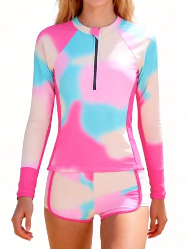 JiAmy flickor baddräkt tvådelarsats, Tie-Dye långärmad UV-skydd Rashguard-topp med badbyxor Sportig badkläder för 7-13 år, Ljusrosa, 9-10 år
