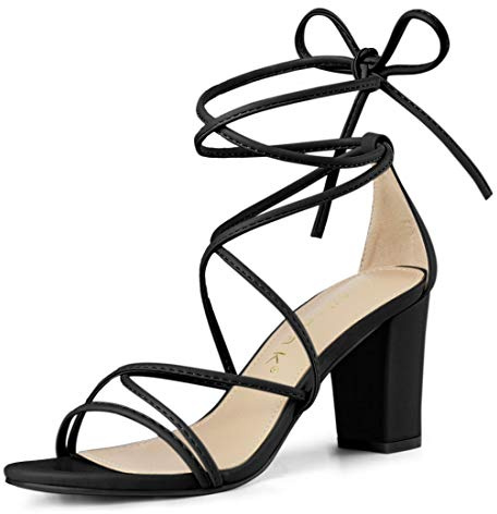 Allegra K Women's Strappy Lace Up Chunky Heeled Sandals Black 8 UK/Label Size 10 US
