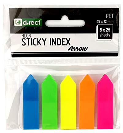 D.RECT 9347 Haftstreifen Pagemarker 125 Stück (5 Farben, je 25 Blätter) - Index Haftmarker 45x12mm - Film Textstreifen PET-Folie Pfeile