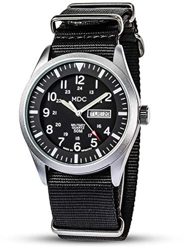 Infantry MDC Mens Military Watch,Gents Analogue Tactical Field Watch,12/24 Hour Time with Day Date, 5ATM Waterproof Tough Work Watch, G10 Style Black Nylon NATO Strap