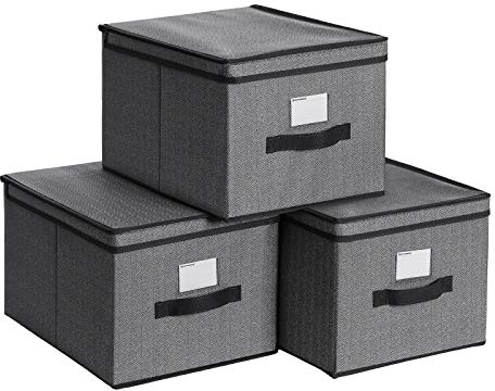 SONGMICS Set of 3 Storage Boxes, Folding Storage Organiser with Lid and Label Holder, 40 x 30 x 25 cm, Linenette Non-Woven Fabric, Black RFB003B01