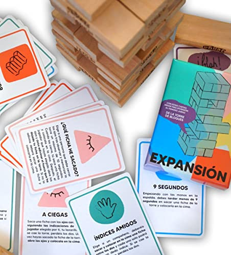 Alcrea Juego de Cartas para Torre de Madera. con Pruebas, retos y comodines Que amplían el Popular Juego de Mesa. Torre NO INCLUIDA