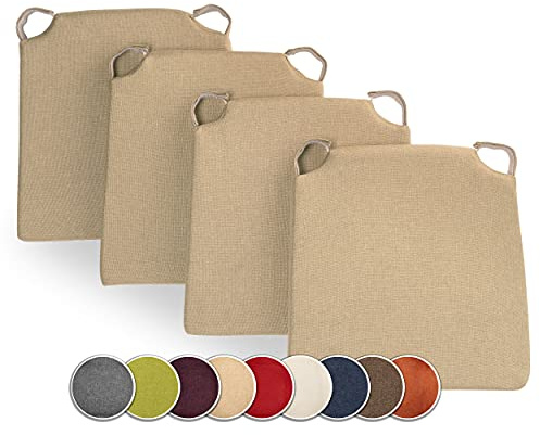 sunnypillow 4er Set Stuhlkissen mit Klettverschluss Polsterauflage Auflage für Stühle - Indoor/Outdoor - Sitzkissen Sitzauflage - Maße: 42 (vorne) | 35 (hinten) x 40 x 5 cm - Beige