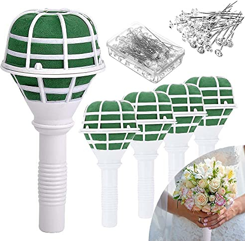 Ousinby Bridal Bouquet Foam Holder,5PCS Bouquet Handles With Foam and 100 PCS Flower Pins Floral Holders for Wedding Flowers Artificial