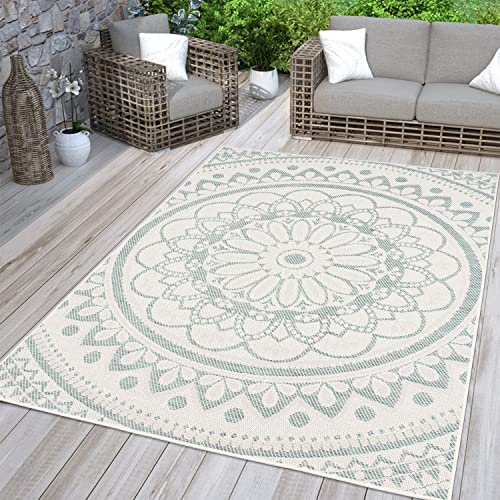 TT Home In-& Outdoorteppich Wetterfest Garten Orientalisches Marokkanisches Boho Design, Farbe: Türkis Weiß, Größe:80x150 cm