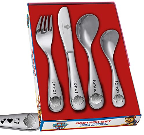 PAW Patrol Kinderbesteck mit Namensgravur | Emojis Gravur | 4-telig | Rostfrei | Mit Prägung | Spülmaschinenfest | Edelstahl CU5