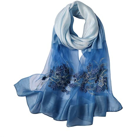 WINCESS.YU Silk Scarf for Women Lightweight Shawls and Wraps for Weddings Fashion Pashmina Shawl Embroidered Scarves (Blue)