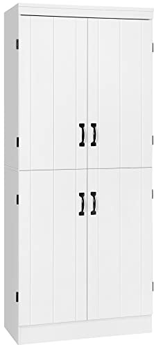 HOMCOM 4-Door Tall Kitchen Cupboard, Freestanding 6-Tier Storage Cabinet with 2 Adjustable Shelves for Living Room, Dining Room, White