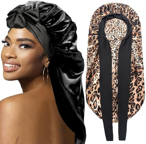 Lot De 2 Bonnets Tressés pour Femmes Noires, Grand Bonnet Long en Satin pour Tresses De Sommeil, Bonnet en Soie pour Femmes Noires avec Bandeau Extensible (Noir Et Léopard)