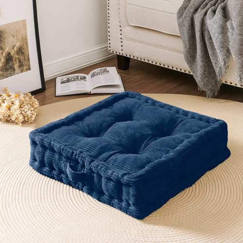 Wellsin Square Floor Pillows for Adults Kids - Meditation Floor Pillow Seating Cushion - Tufted Floor Cushion with Shredded Foam & Velvet Cover, 1 Pack, 20x20 Inch, Dark Blue