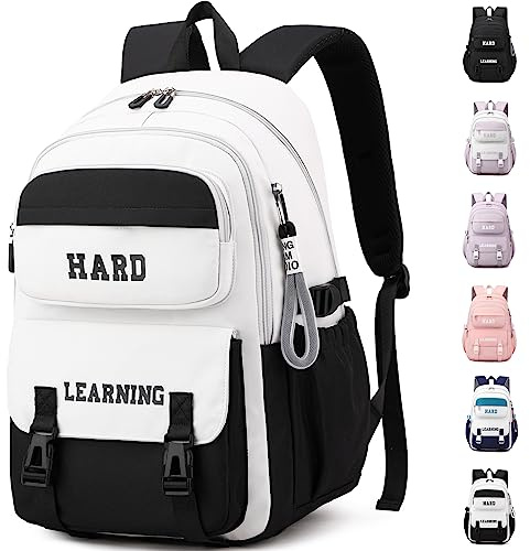 KESUDE Schulrucksack Mädchen Teenager Rucksack Schule, Schultasche Jungen Multi-Tasche Wasserdicht Schulranzen Rucksack Daypacks Groß Backpack für Mädchen Damen School Bag, Weiß Schwarz