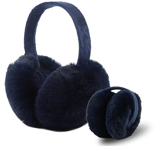 XIAOHAWANG Warm Winter EarMuffs for Women Fluffy Ear Warmer Foldable Outdoor Adult Ear Covers (Navy)
