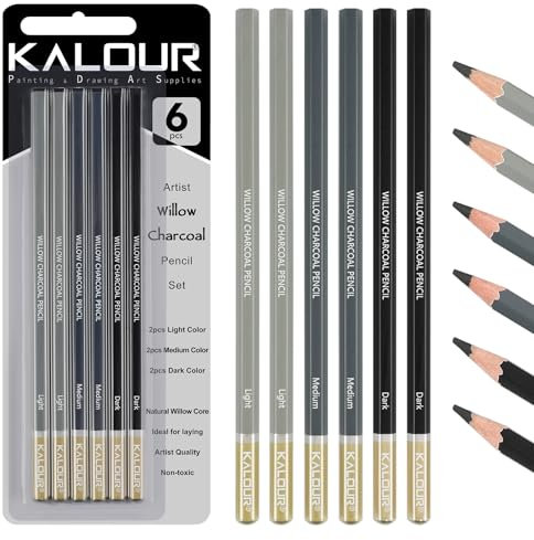 KALOUR PDAS Weiden-Kohlestifte zum Zeichnen – 6 Zeichenstifte in leicht, mittel und dunkel zum Zeichnen, Skizzieren und Schattieren, Zeichenkohle für Anfänger und Künstler