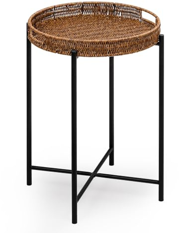 DINGTAI Petite table d'appoint ronde en osier avec plateau amovible, table basse imperméable pour canapé, table basse de 40,6 cm, tables d'appoint d'intérieur et d'extérieur pour terrasse, salon,