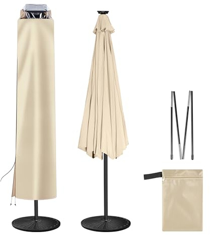 AckMizz Solar Patio Umbrella Cover - Solar Outdoor Umbrella Covers with Folding Rod, Transparent Top Oxford, Parasol Cover For 7.5ft 9ft 10ft 11ft LED Light Table Umbrella (Beige)