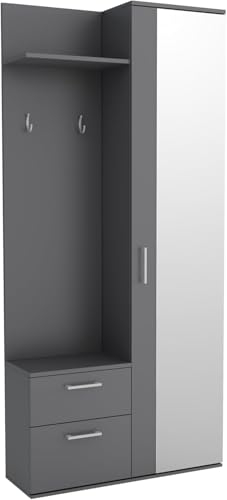 Garderobenschrank Flur 90 cm Breit Watford, Flurgarderoben Set mit Spiegel, Schuhschrank und Regalen, Vorzimmer Flur Möbel - Grau