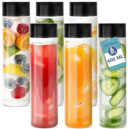 HEFTMAN Plastic Juice Bottles with Lids - 6 Pack 400ml Clear Empty Sensory Bottles with Black Screw Tops, Food-Safe PET, Ideal for On-the-Go Beverages, Water, Juice, Iced Coffee, Smoothie Bottle
