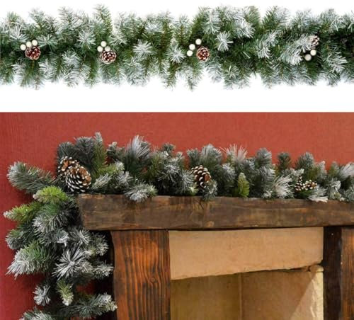 550cm (18ft) x 30cm Snow Tipped Green Christmas Garland Decoration, Pine Cone Xmas Festive Wreath Garland for Stairs Fireplaces Wall Door Xmas Party