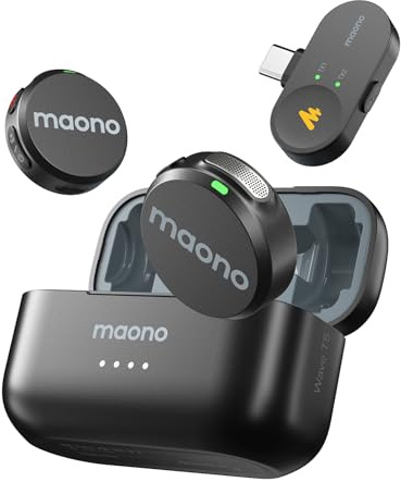 MAONO Wave T5 Mini Microfono Wireless per Smartphone (USB-C) - Microfono Lavalier 48kHz/24Bit, 30h di Autonomia, 300m di Raggio e Riduzione del Rumore. Mini Microfono per Vlog e Streaming su YouTube