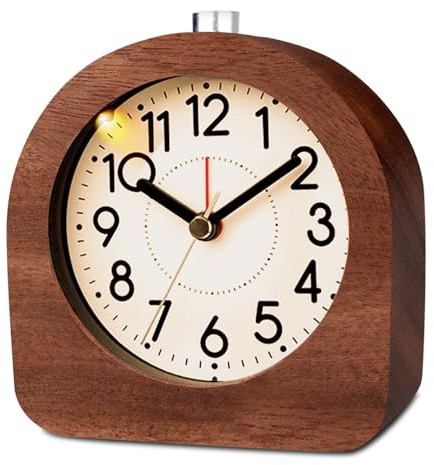 BORDEAG Despertador analógico de madera, despertador analógico sin tictac, despertador digital, mesita de noche, reloj de mesa con luz nocturna, despertador analógico de madera, funciona con pilas,