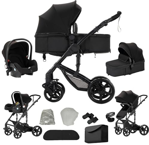 Veitoalioy Carrito Bebe 3 en 1, Portátil Cochecito Plegable, Carrito de Paisaje Alto Se puede empujar hacia adelante y hacia atrás, Cochecito de Bebé Conveniente y Multifuncional (588 Black)