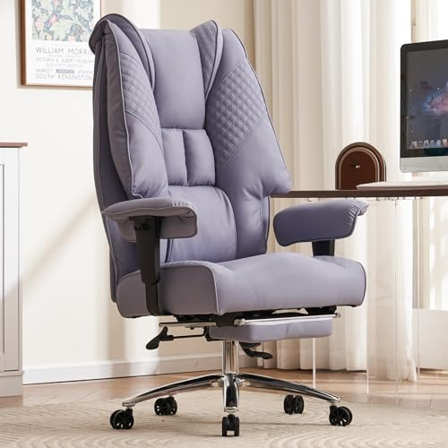 Ergonomic Executive Office Chair, 14cm Spring Cushion,200kg, Light Purple | Big & Tall Wear-Resistant PU Leather Desk Chair , Computer Chair with XXL 57.5cm Wide Seat, Moulded Foam for Office and home