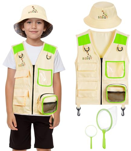 BSBUY Kit Explorador Niños, Disfraz Explorador Niños con Lupa, Sombrero de Cubo y Red para Atrapar Insectos, Chaleco Explorador Niña, Juego de Explorador Regalo para Niños de 3 a 8, Verde Hierba