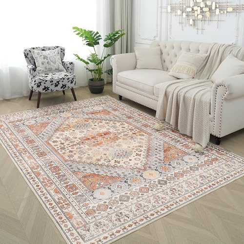 Xfrog Teppich Wohnzimmer Waschbare Teppiche Gegend Kurzflor Vintage Teppich Schlafzimmer Orange 200x300CM