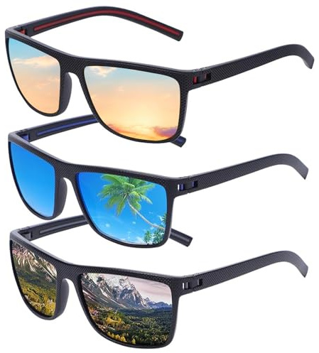 Risipu Lot de 3 lunettes de soleil polarisées pour homme et femme, lunettes de soleil rectangulaires légères, protection UV400, lunettes de soleil polarisées pour homme, Noir, bleu glacier, marron