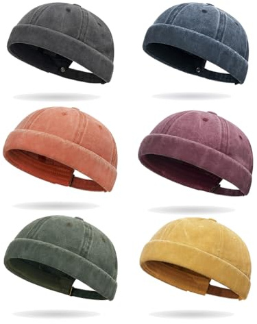6Pcs Brimless Hats for Men Women Docker Cap Washed Cotton Retro No Brim Hat Skullcap Beanie Adjustable Rolled Cuff Hats