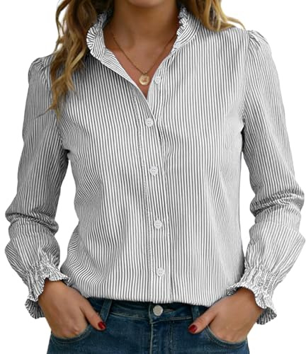 Funlingo Women's Striped Button Down Shirts Long Sleeve Smocked Cuffed Ruffle Collar Blouses 2026 Spring Work Business Casual Tops Black White M