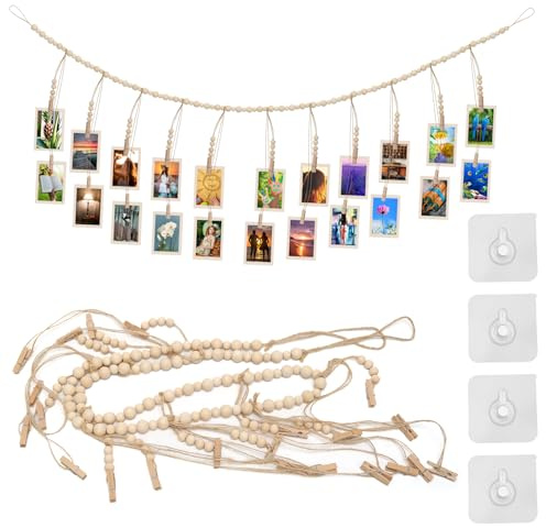 Weniubit Cuerda para fotos con pinzas de madera, guirnalda de fotos boho para pared con pinzas y cuerda para fotos, ideas para colgar fotos con 22 clips, para decoración de pared, decoración de