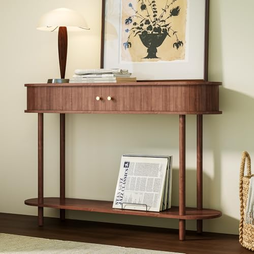 HOLTICO Console Table with Drawers, Brown Narrow Console Table for Entryway | Tambour Sliding Doors