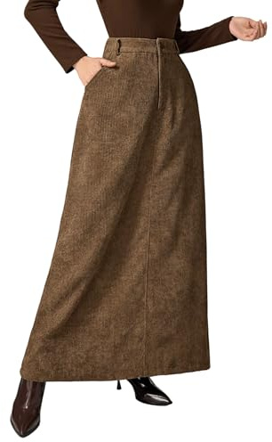 GORGLITTER Falda maxi para mujer de pana con bolsillos, faldas de pana con botones, falda otoñal con trabillas para cinturón, faldas largas para oficina, marrón, S