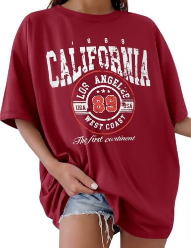 CMTOP Tee Shirt Femme Oversize T Shirt à Manches Courtes Été Coton Col Rond Haut Chic Imprimé Grande Taille T-Shirt Décontracté Amples Sport Top Blouse (Bordeaux, L)