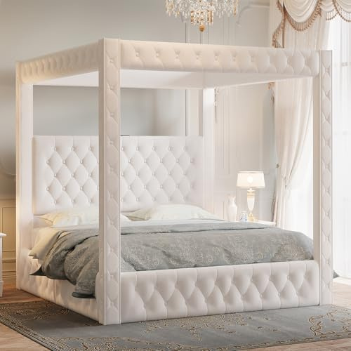 Jocisland Upholstered Canopy Bed Frame King Size with 74.8 Tall Four Poster and Velvet Deep-Tufted Tall Headboard with Charging Station/Modern Luxury Style/No Box Spring Needed/Cream