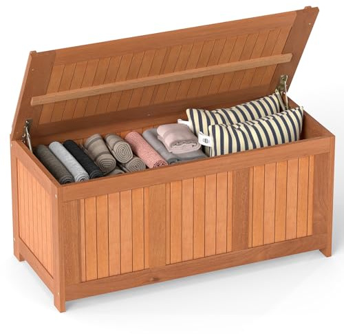 GYMAX 220 L Baúl Almacenaje de Madera, 3 en 1 Banco Exterior con Tapa Abatible, Acabado con Aceite de Teca, Ideal para Juguetes, Herramientas y Cojines, 52x113,5x58,5 cm, para Terraza, Jardín (220)