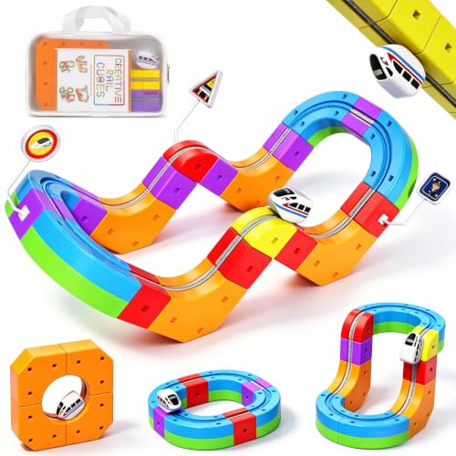 Goody King Train Électrique Enfant 38 Pièces, Circuit Cube Track 3D DIY avec Train Magnétique, Panneaux Signalisation, Sac de Rangement, Jouet de Voyage Garçons Filles dès 4 Ans