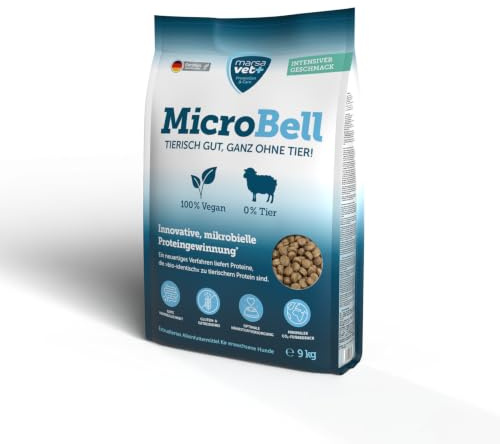 Marsavet MicroBell Veganskt torrfoder för hundar med mikrobiella proteiner – 9 kg. Monoprotein, allergivänligt hundfoder utan kött, gluten och socker. För känslig mage.