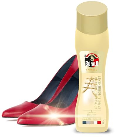 Bufalo Express - Crema Autobrillante Incolora Formulada con Aceite Natural de Almendras, Cuidado del Calzado y Color, Brillo Intenso Inmediato - Frasco de 50ml
