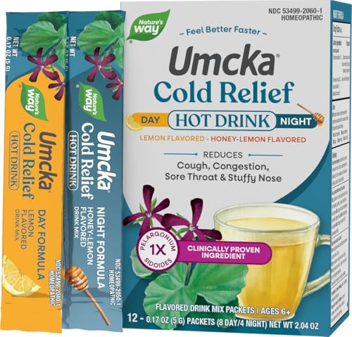 Nature’s Way Umcka Cold Relief Hot Drink, Day & Night Homeopathic Cold Medicine with Clinically Proven Ingredient for Cough, Congestion, Sore Throat, Lemon & Honey Flavored Packets, 12 Count