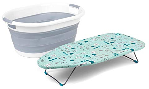 Beldray COMBO-4318 Caravan and Camping Accessories Table Top Ironing Board Collapsible Laundry Basket, Sew Print/Grey