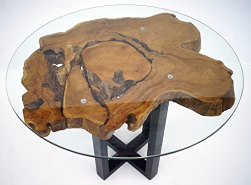 GURU SHOP Tisch, Esstisch, Kaffeetisch, Beistelltisch, Couchtisch mit Baumscheibe, Runder Glasplatte - Modell 4, 70x90x90 cm